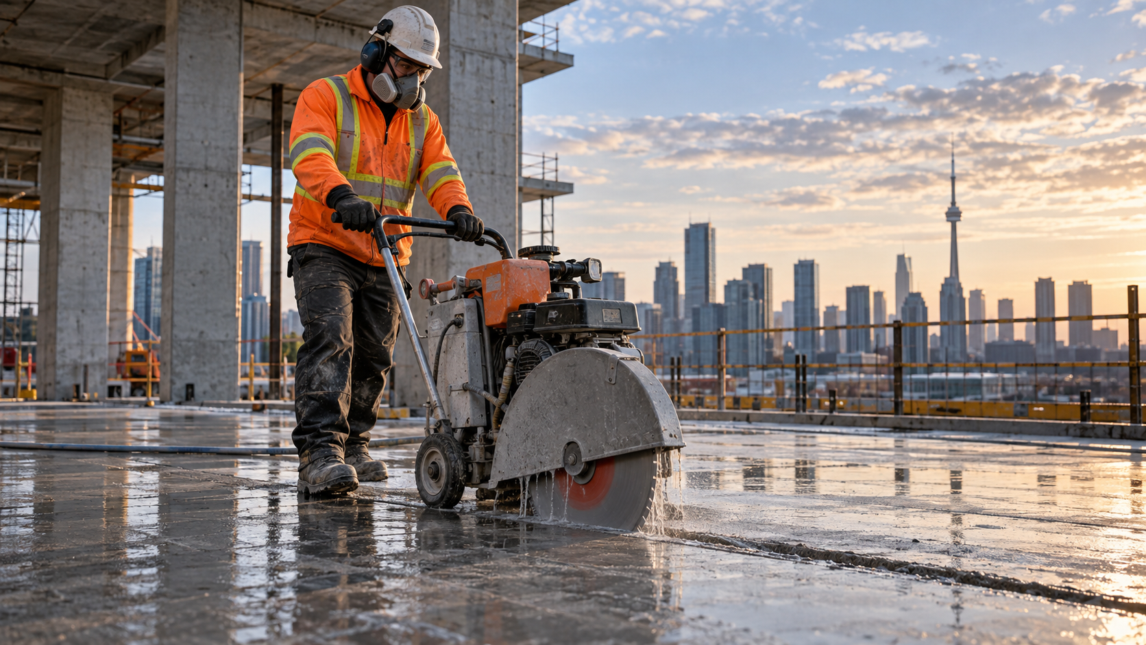 Illustration of a concrete saw in use